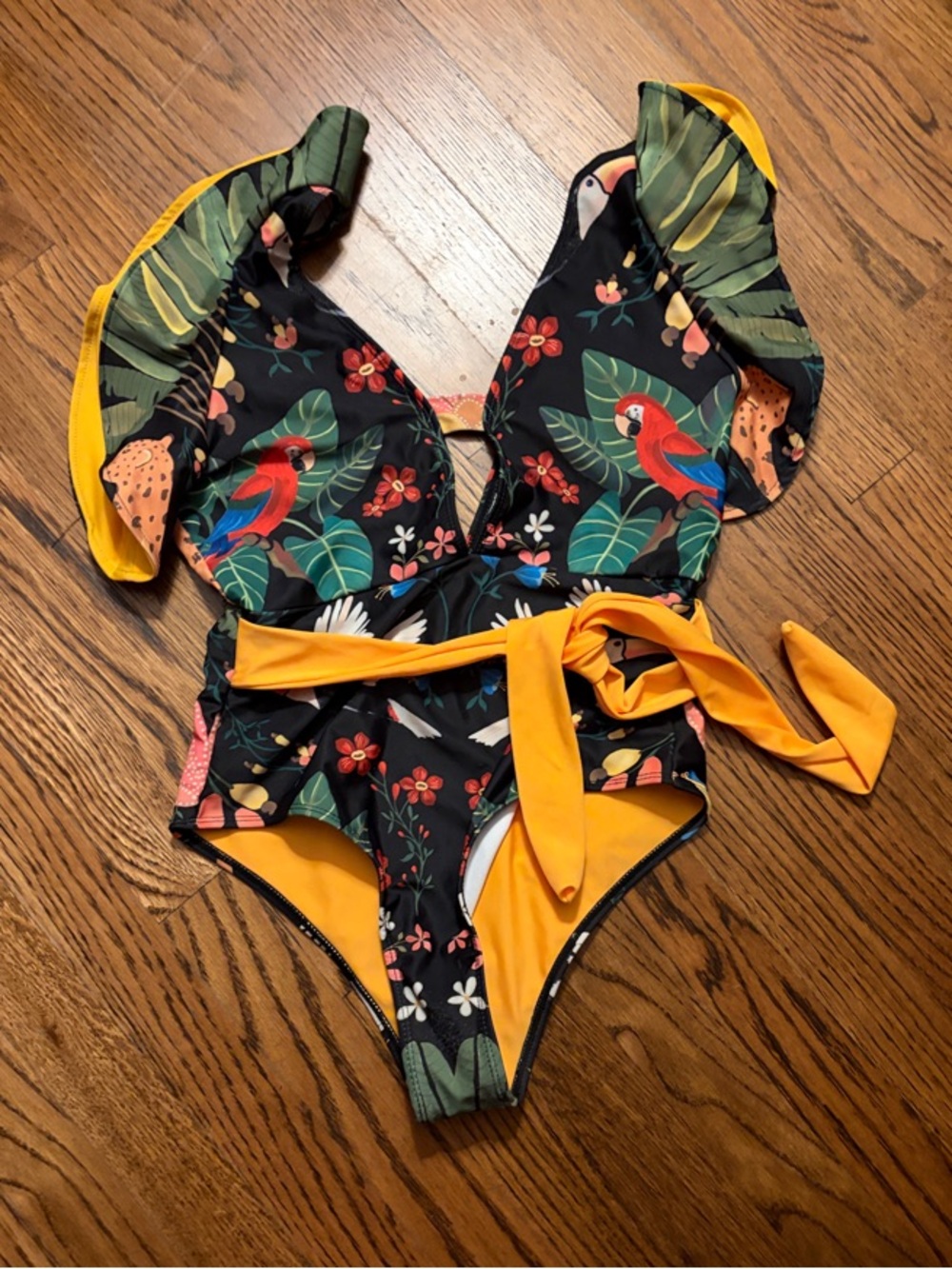 Women’s Tropical Floral One-Piece Swimsuit with Yellow Sash Medium